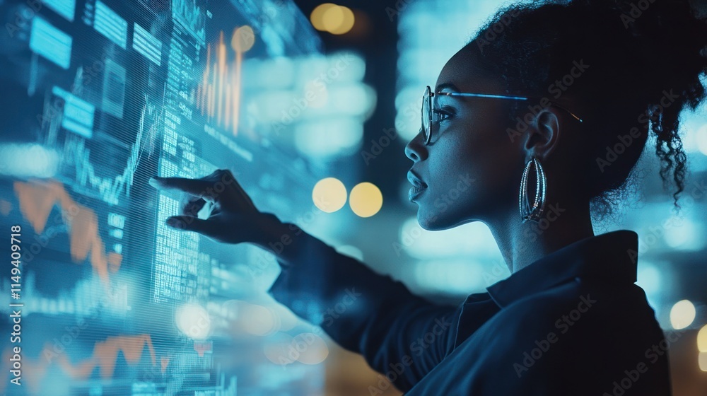Poster woman analyses data on digital display at night.