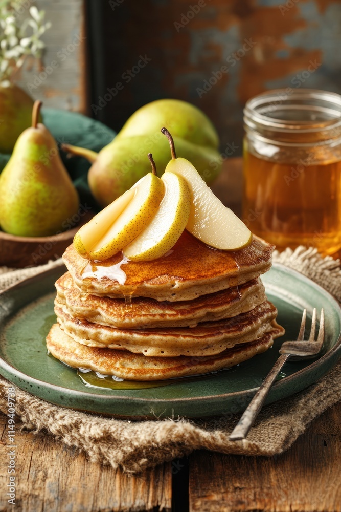 Poster stacked pancakes with sliced pears and honey drizzle on table.