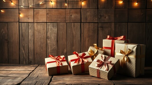 A Festive Collection of Wrapped Gifts with Elegant Ribbons, Set Against a Rustic Wooden Background Illuminated by Warm String Lights