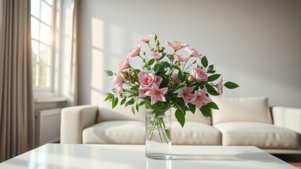 A delicate bouquet of pink blossoms in a clear glass vase rests on a pristine white table, the soft sunlight illuminating a serene living room