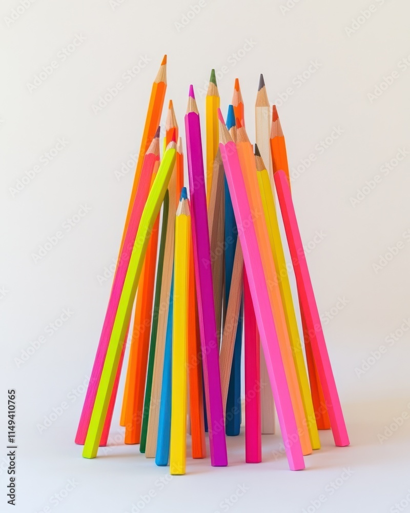 Aufkleber assorted color pencils standing upright against a white backdrop.