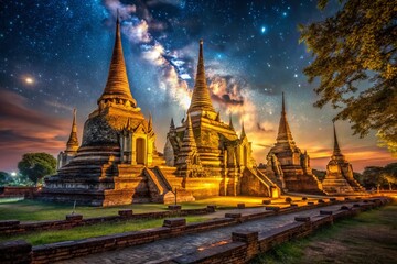 Fototapeta premium Night Photography: Majestic Temple Si Sanphet, Ayutthaya, Thailand - Illuminated Ancient Ruins