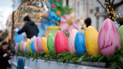 Naklejka premium Colorful Easter Eggs Displayed On A Festive Stand