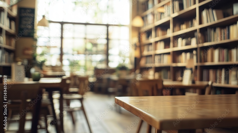 Aufkleber blurred library with tables and bookshelves.