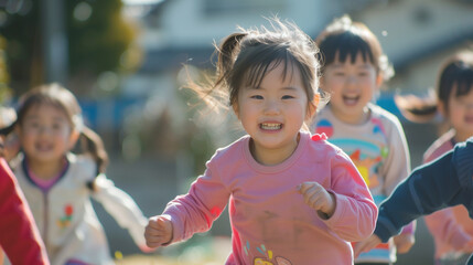 保育園、幼稚園の園庭で元気に遊ぶ幼児達