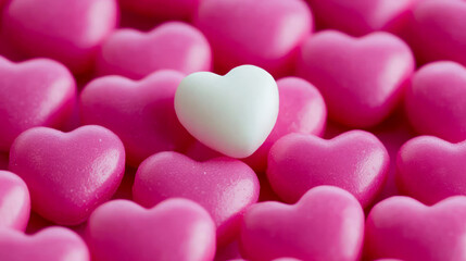 Obraz premium White heart candy standing out among pink heart candies