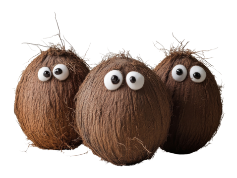 Coconuts with googly eyes in playful arrangement, quirky tropical concept