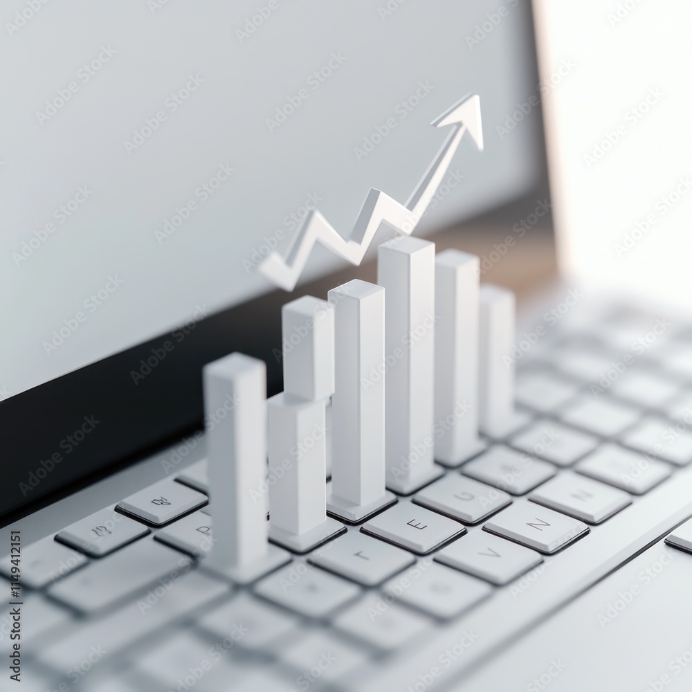 Poster white chart bars and upward arrow on laptop.