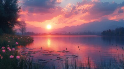 Obraz premium Pink sunset over lake, mountains, and flowers.