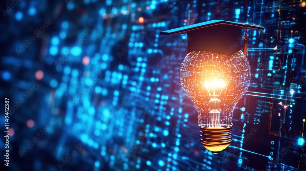 Poster lightbulb with graduation cap over digital technology background