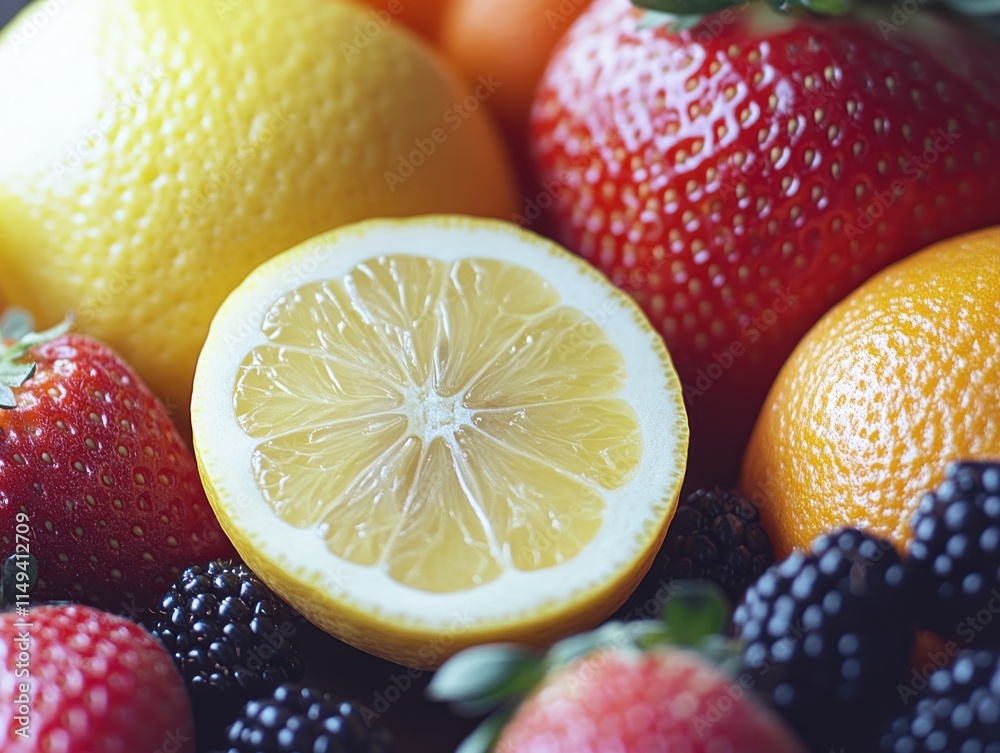 Poster assorted fruit close up with sliced lemon.