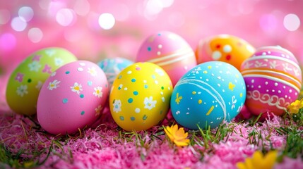 Fototapeta premium Eggs of various colors on a pink Easter backdrop. Generative AiEggs of various colors on a pink Easter backdrop. Generative Ai