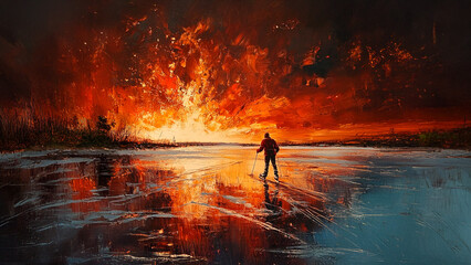 Fototapeta premium An oil painting of man standing in front of a fire. Ice rink fire drawing color paint man. A man is drawing a color on lifestyle a painting.