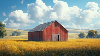 Red barn sits in sunny, yellow flower field.