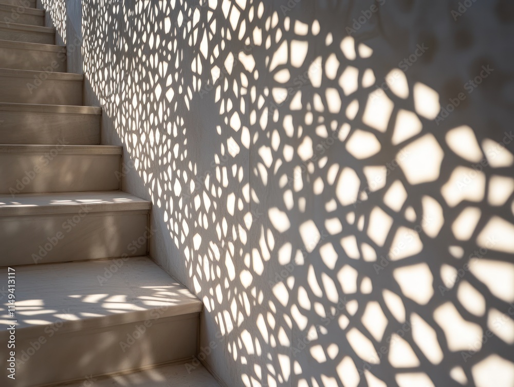 Poster sun casts pattern on wall by stairs.