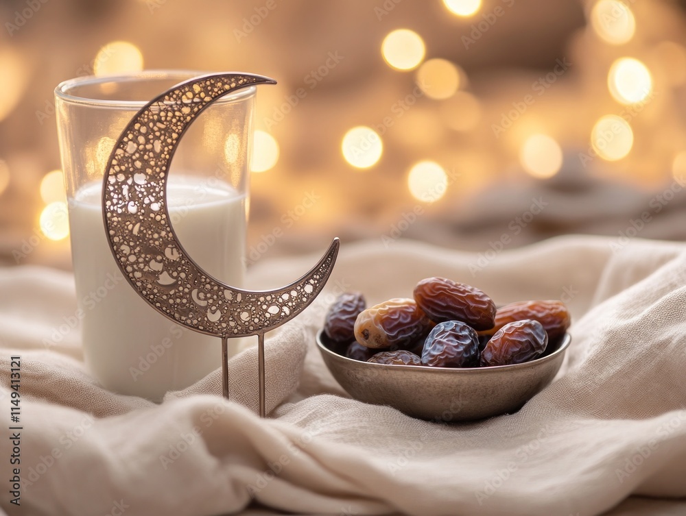 Poster dates, milk, moon on fabric with bokeh.