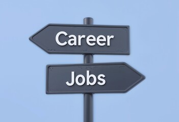 Two directional signs pointing towards career and jobs against a clear blue sky.