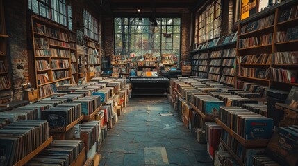 Obraz premium Antique record store, books, and vinyl records.