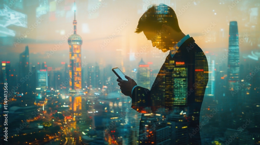 Poster man using mobile, city skyline background.
