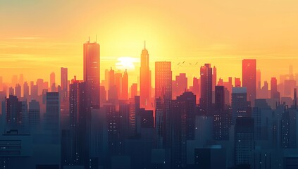 Fototapeta premium Cityscape at Sunset: Urban Skyline Silhouetted Against Vibrant Golden Hues, Birds in Flight, Modern Architecture