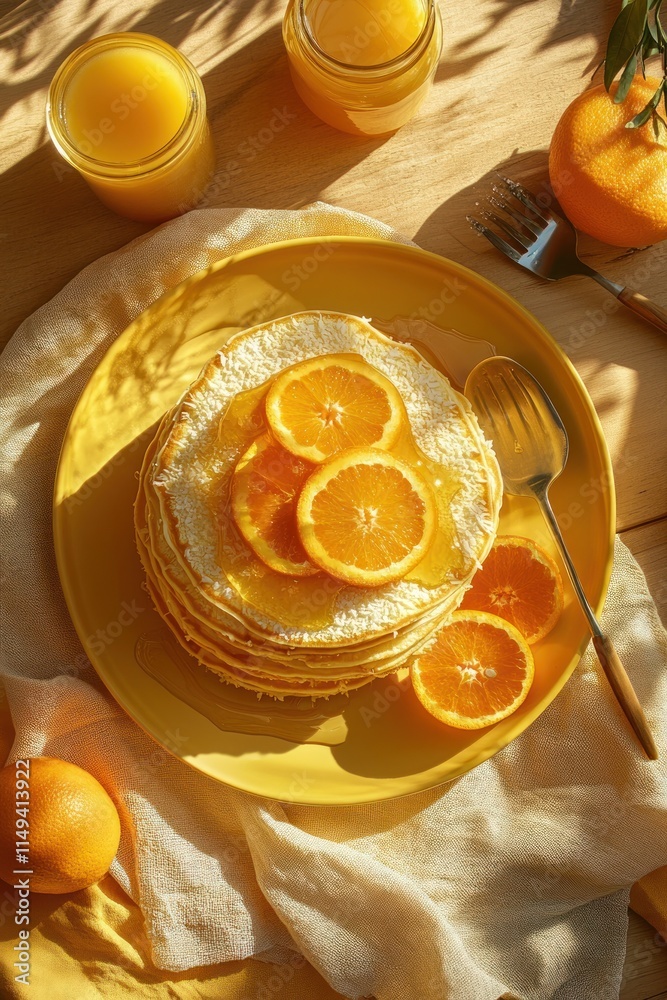 Poster stacked pancakes with orange slices and juice. (1)