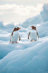 Obraz premium Two penguins standing on bright blue ice, surrounded by sparkling snow and clear skies, showcasing the beauty of a pristine Antarctic landscape.