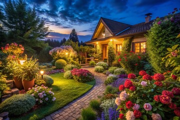 Fototapeta premium Night Photography: Serene Illuminated Home Garden