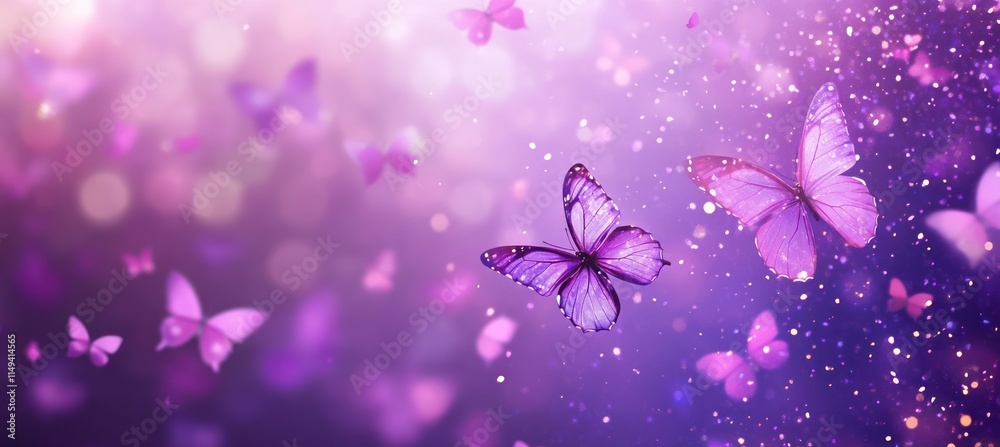 Poster purple butterflies fly amid bokeh light with shimmering dust particles.