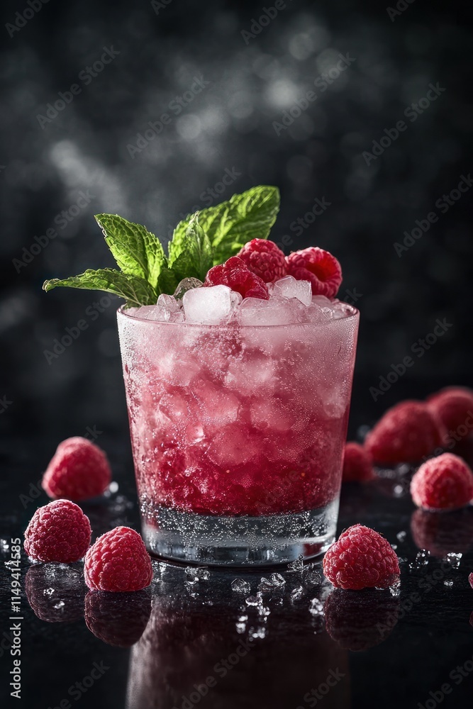 Poster raspberry drink with mint and ice on black.