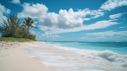 Serene beach landscape with palm trees, gentle waves, and blue skies during midday on a tropical island