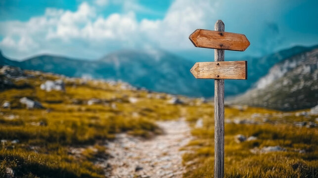 Rustic wooden signpost on mountain path under blue sky