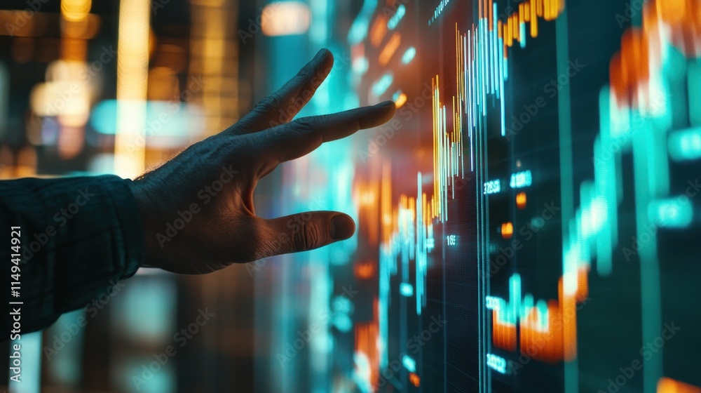 Poster Hand points to stock chart on large screen.