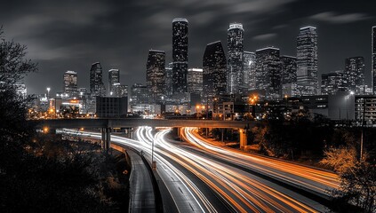 Obraz premium Cityscape at Night: Skyscrapers, Traffic, and Urban Lights Illuminating the Night
