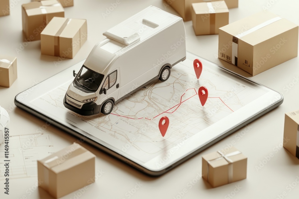 Poster delivery van on tablet with map and boxes.