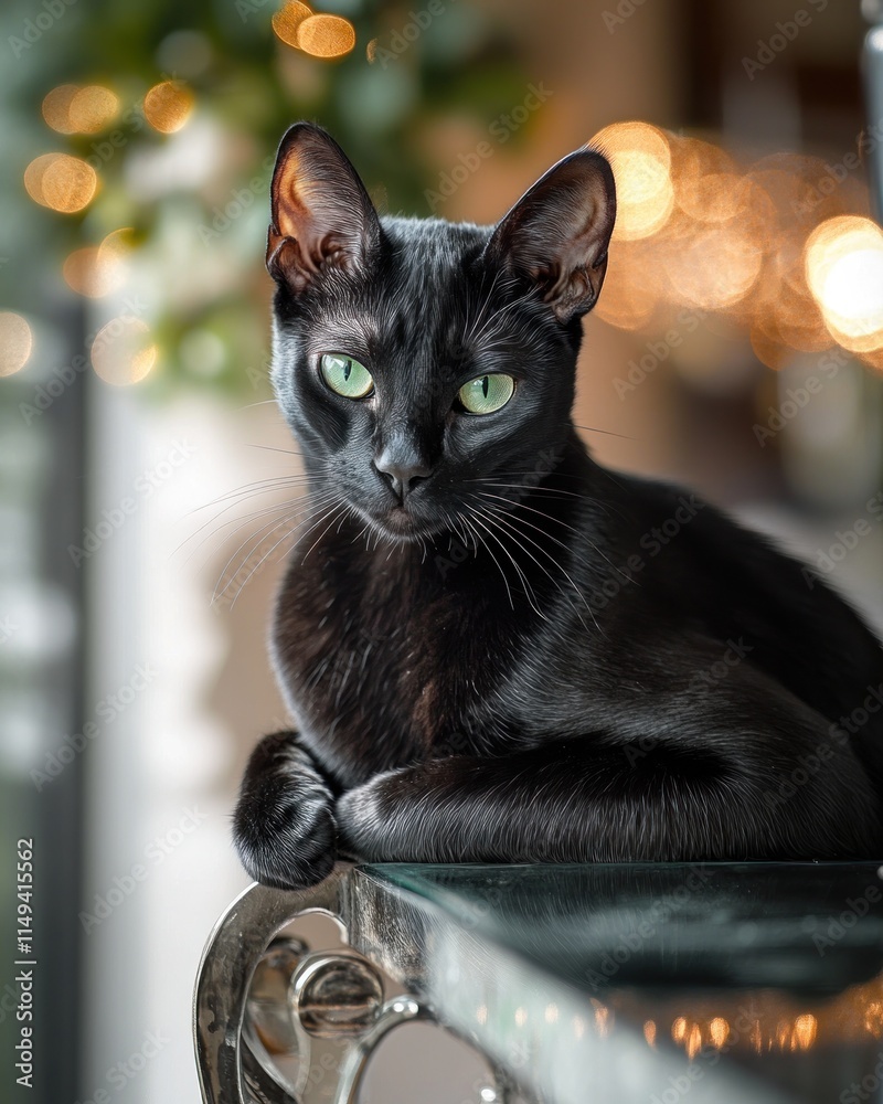 Wall mural Sleek black cat with green eyes on a table.