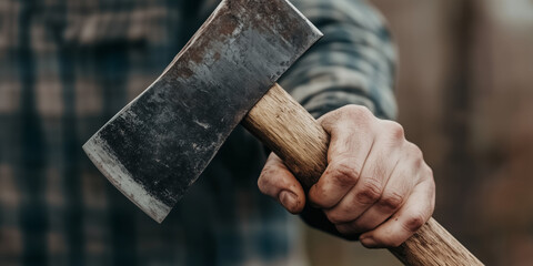 Close-up of a rugged hand gripping a weathered axe with a wooden handle, set against a blurred background, themes of craftsmanship, labor, and rugged outdoor work