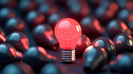 Glowing red light bulb with brain symbol among unlit bulbs