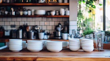 A kitchen counter with piles of spotless white plates. Generative Ai