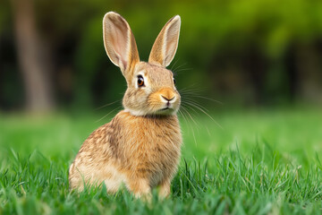 Portrait of a cute rabbit with soft brown fur and attentive ears, sitting in lush green grass