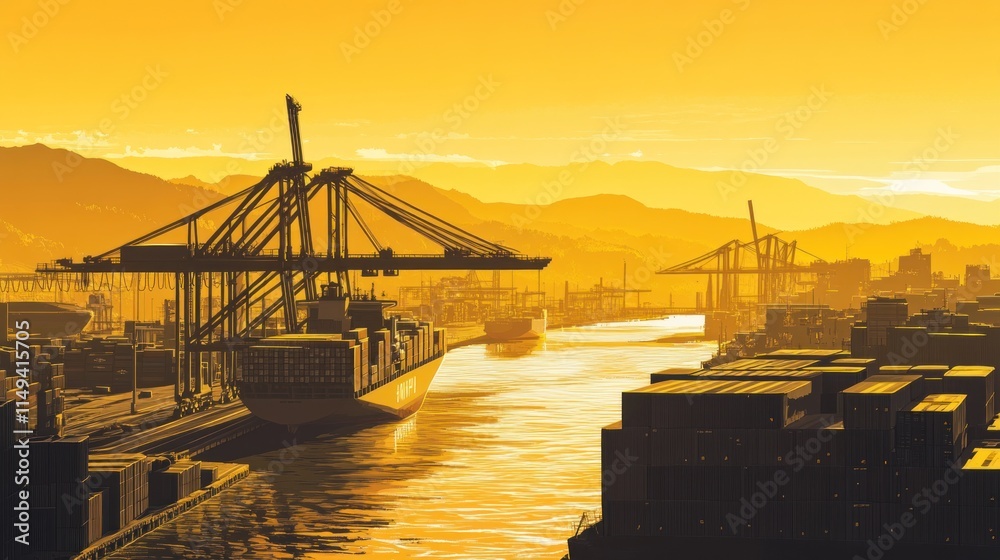 Poster port with containers and cranes at golden sunset.