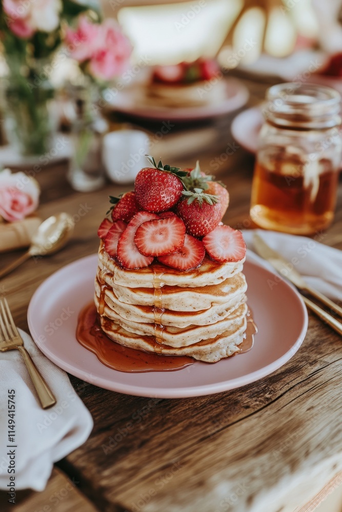 Poster pancakes topped with fresh strawberries and maple syrup on a wooden table.
