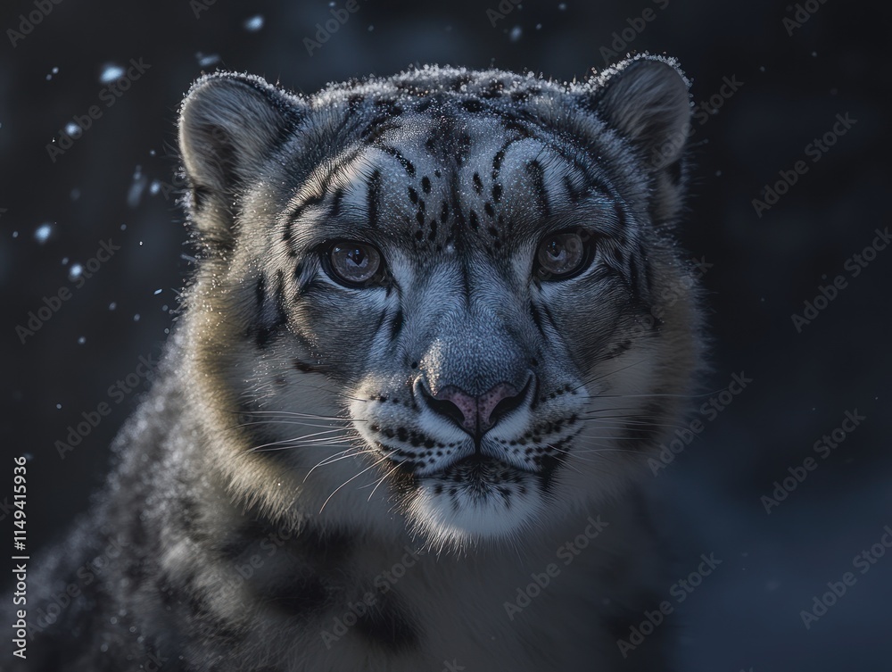 Poster close-up of a snow leopard face, looking at viewer.