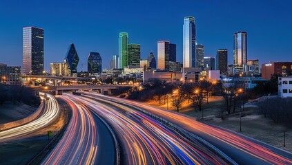 Obraz premium Cityscape at Dusk: Skyscrapers and Highway Traffic Light Trails, Urban Night Photography