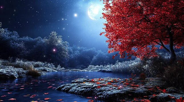 Tranquil river valley under the full moon, peaceful night landscape with glowing reflections  
Seamless looping 4k time-lapse virtual video animation Generated AI