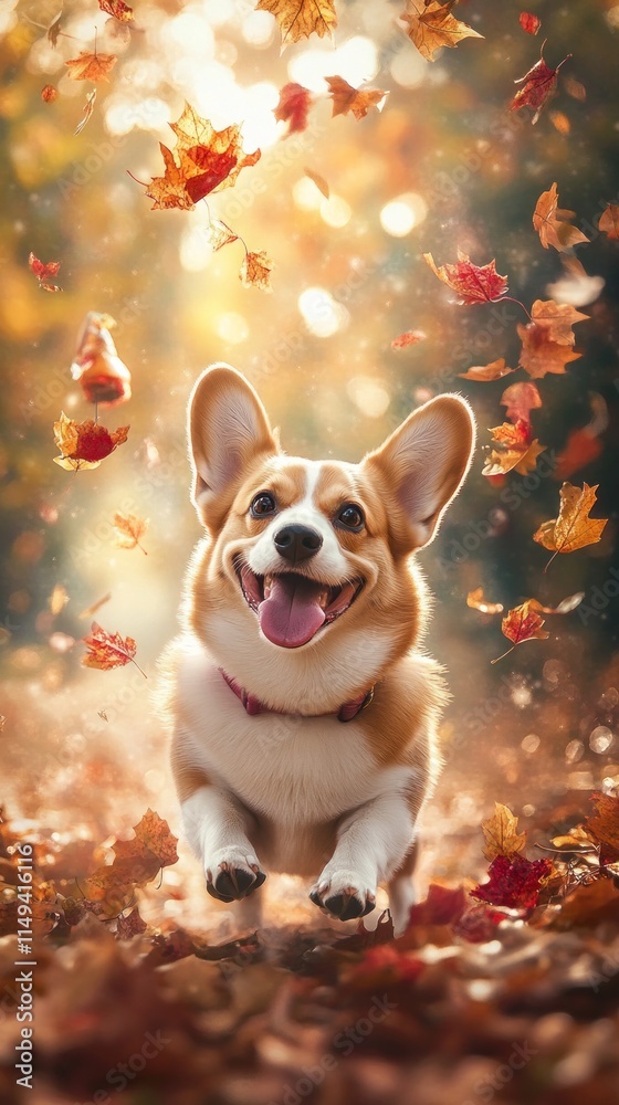 Poster Corgi running in autumn leaves.