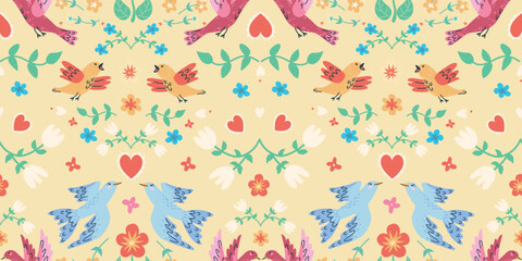 handdrawn seamless pattern with birds and flowers. Perfect for romantic design