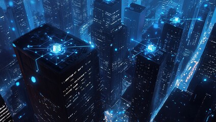 Smart City: Networked Buildings Illuminate the Night with Digital Connections and Futuristic Designs, Transforming Urban Landscapes.