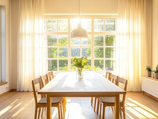 Empty dining table in bright room with sunlight shining through large windows, highlighting smooth surface.
