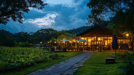 Rustic Farm Restaurant Night: Farm-to-Table Dining, Warm Lighting, Idyllic Setting