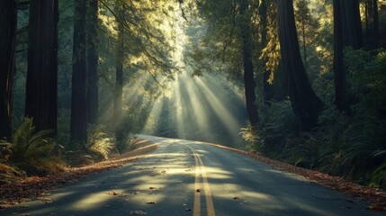 Fototapeta premium Serene Road Through Majestic Redwood Forest with Sunlight Rays